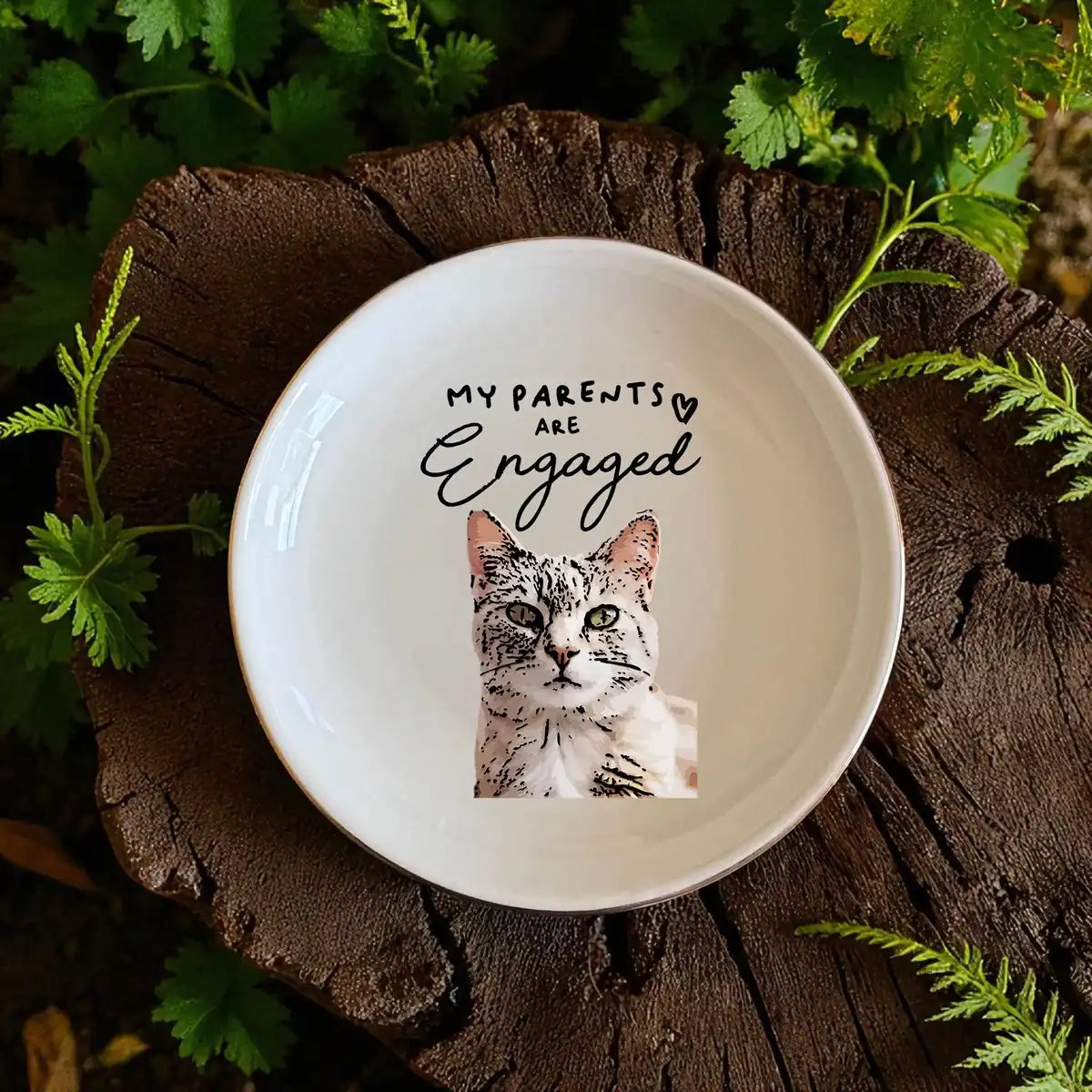 Custom photo wedding ring dish displayed elegantly on wooden bedroom nightstand