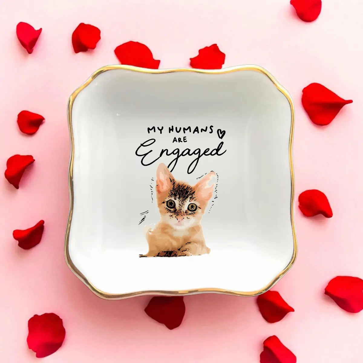 Custom photo wedding ring dish displayed elegantly on wooden bedroom nightstand