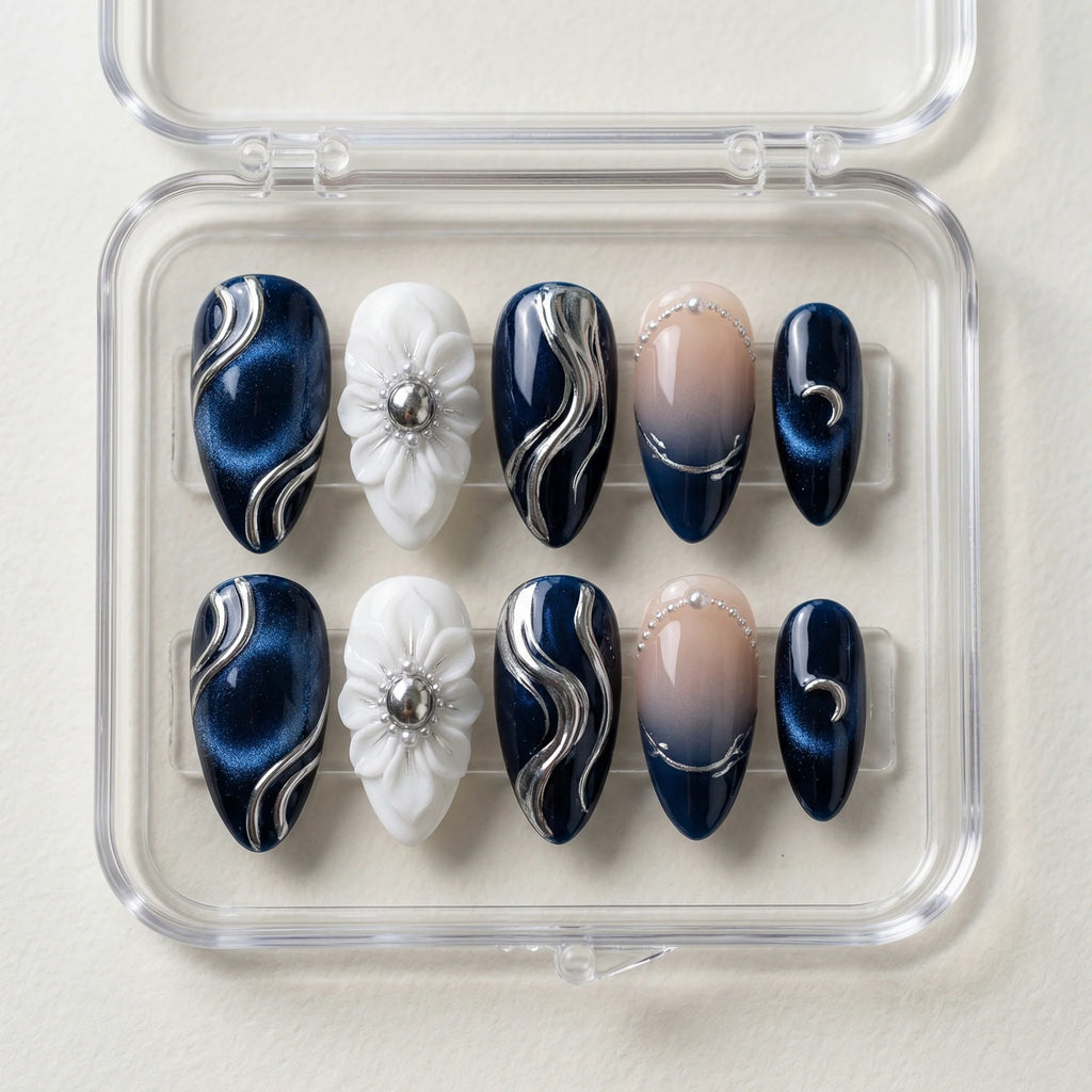navy blue cat eye 3d stiletto medium press on nails clear flower box 01