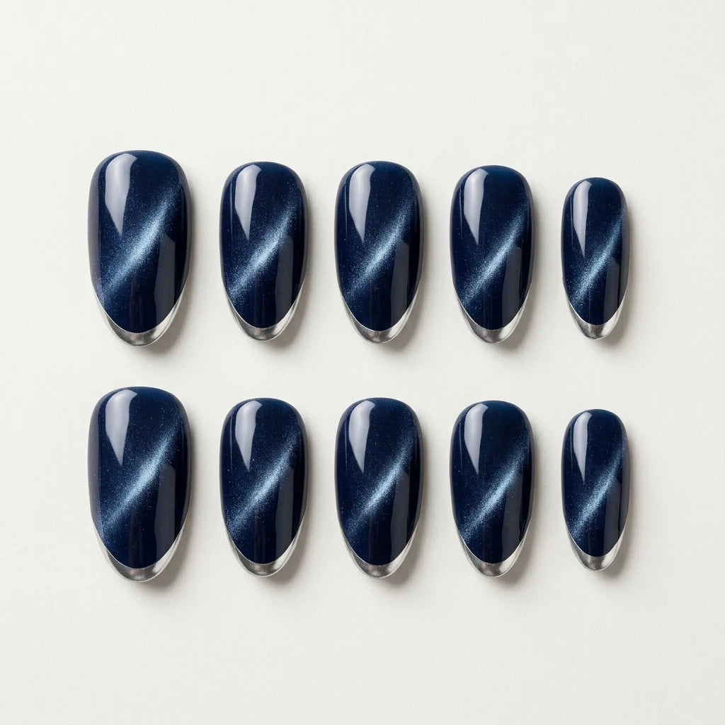 navy blue french tip almond press on nails cat eye silver chrome detail 03