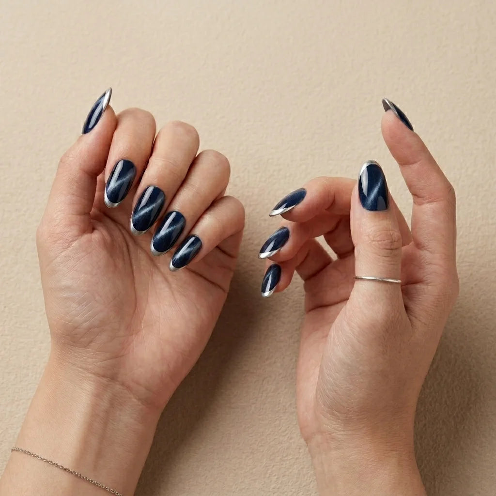 Navy Blue French Tip Almond Press On Nails Cat Eye Silver Chrome