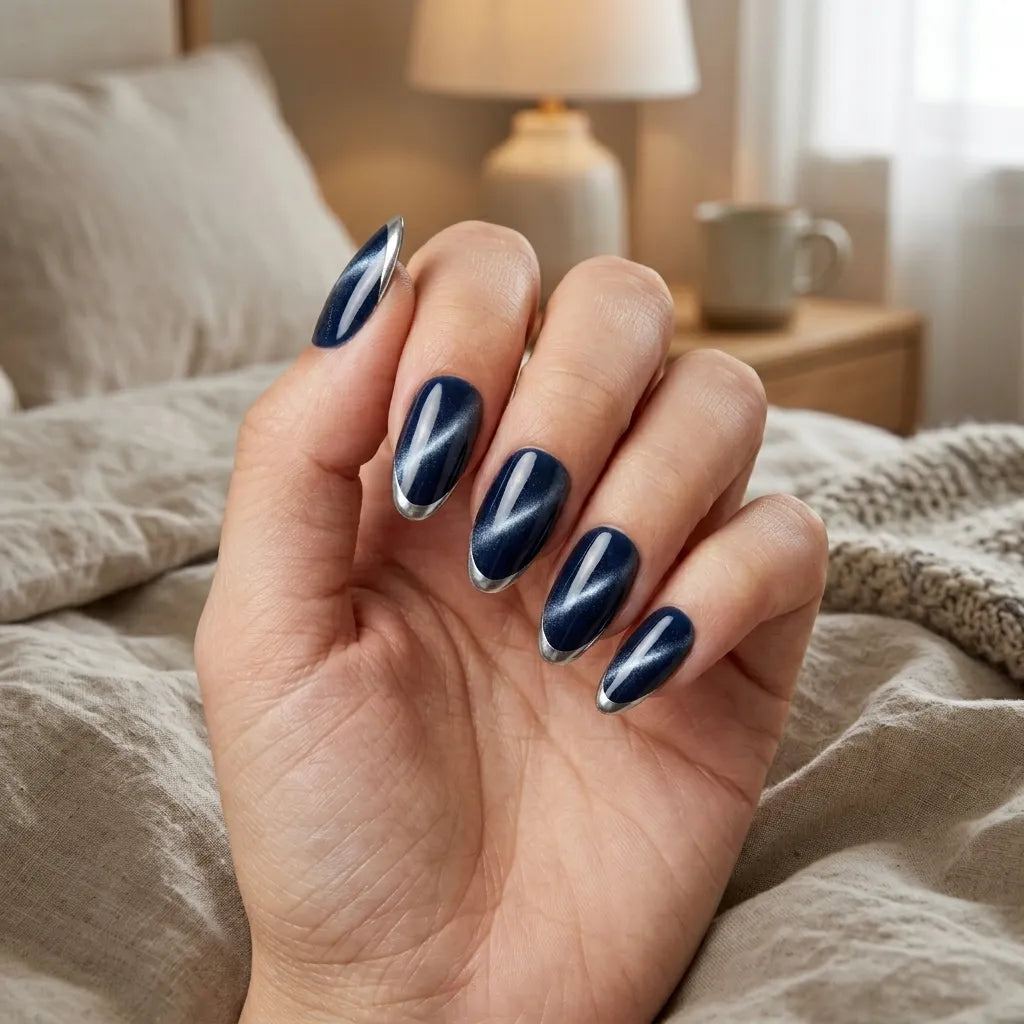 navy blue french tip almond press on nails cat eye silver chrome lifestyle 02