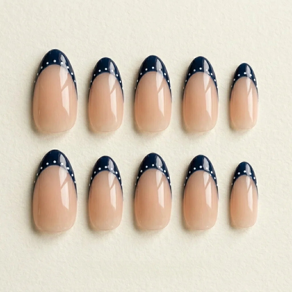 navy blue french tip almond press on nails white polka dots detail 03