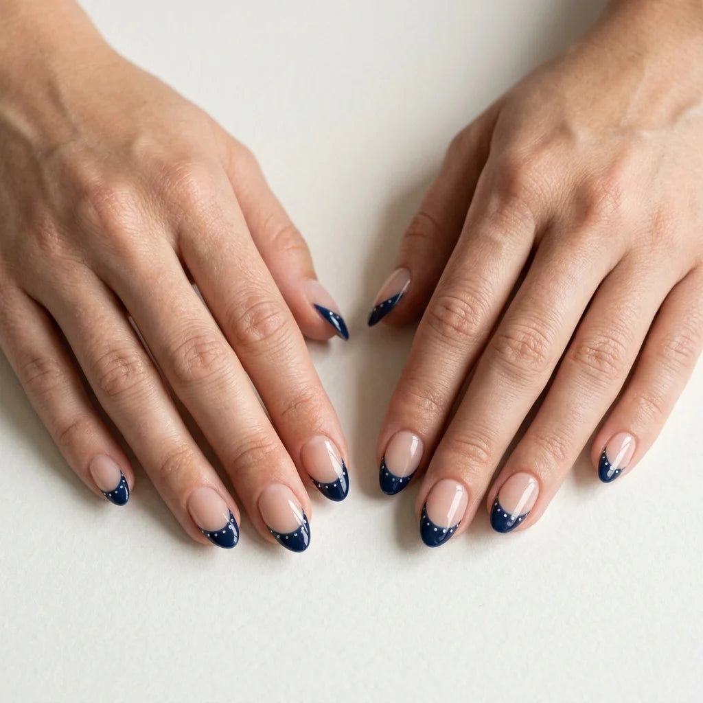 Navy Blue French White Press On Nails