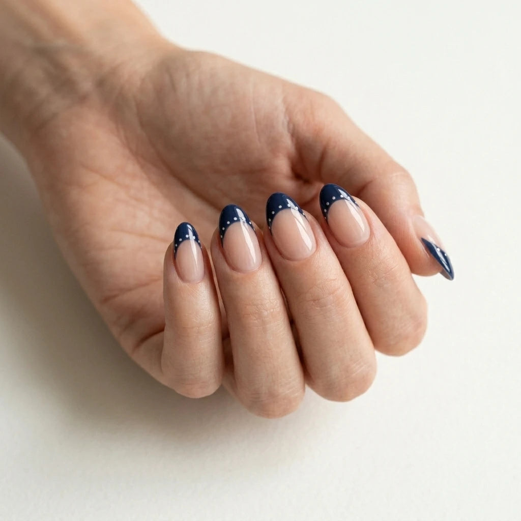 navy blue french tip almond press on nails white polka dots lifestyle 02
