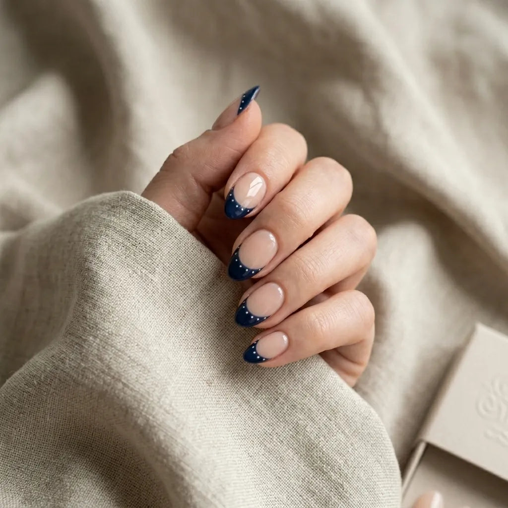navy blue french tip almond press on nails white polka dots mockup 01