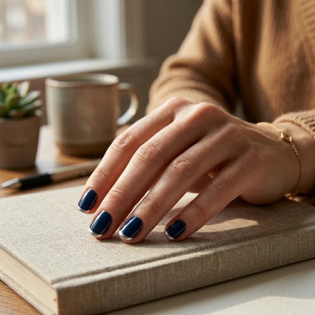 navy blue french tip square short press on nails silver chrome detail 03