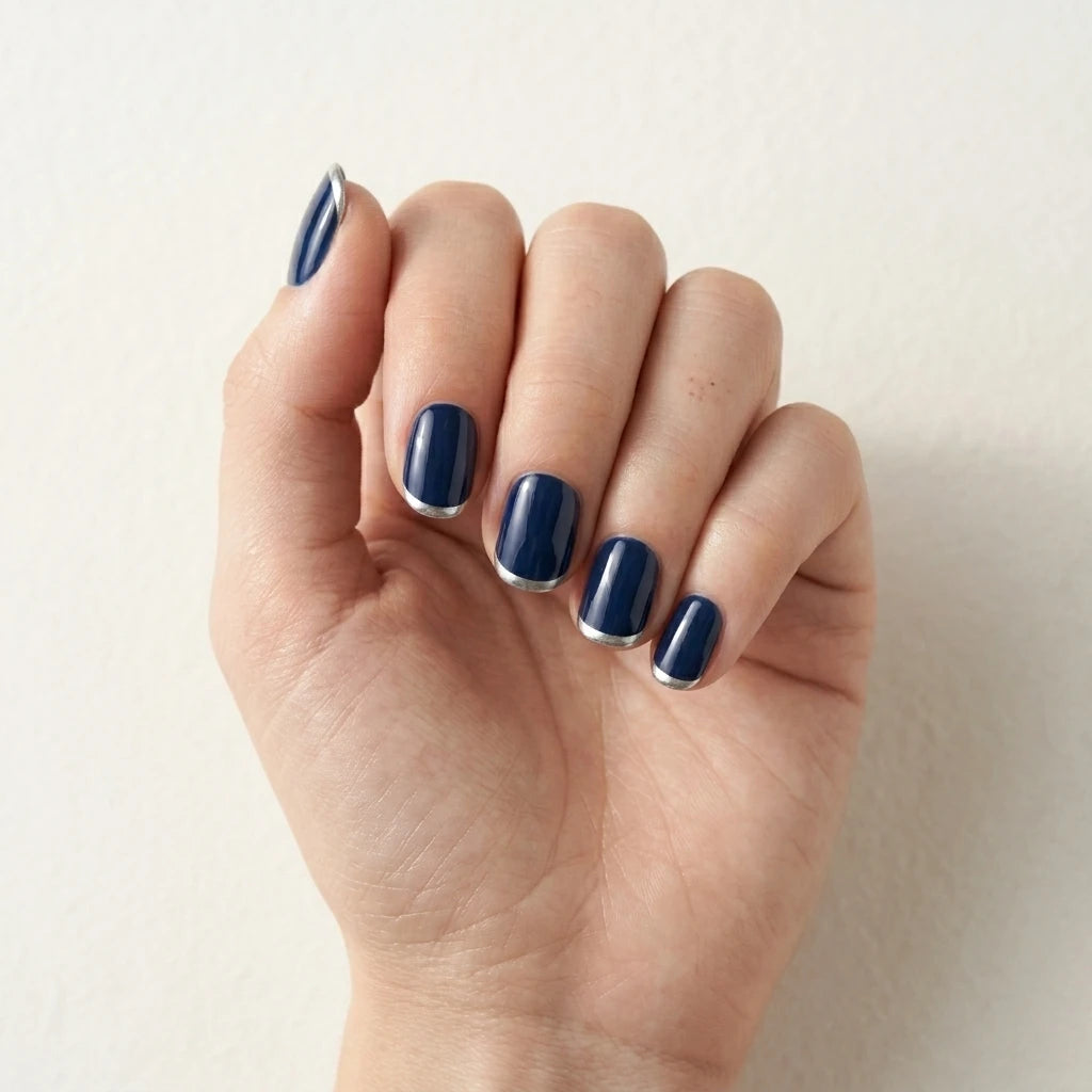 navy blue french tip square short press on nails silver chrome mockup 01