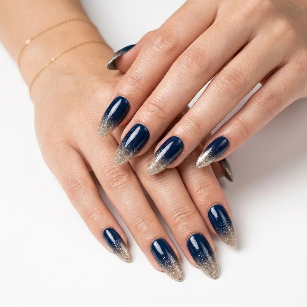 navy blue gold glitter ombre almond press on nails detail 01
