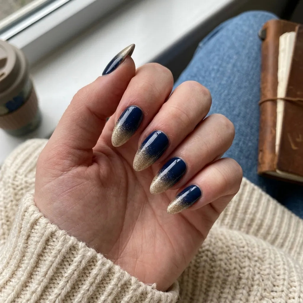 navy blue gold glitter ombre almond press on nails lifestyle 01