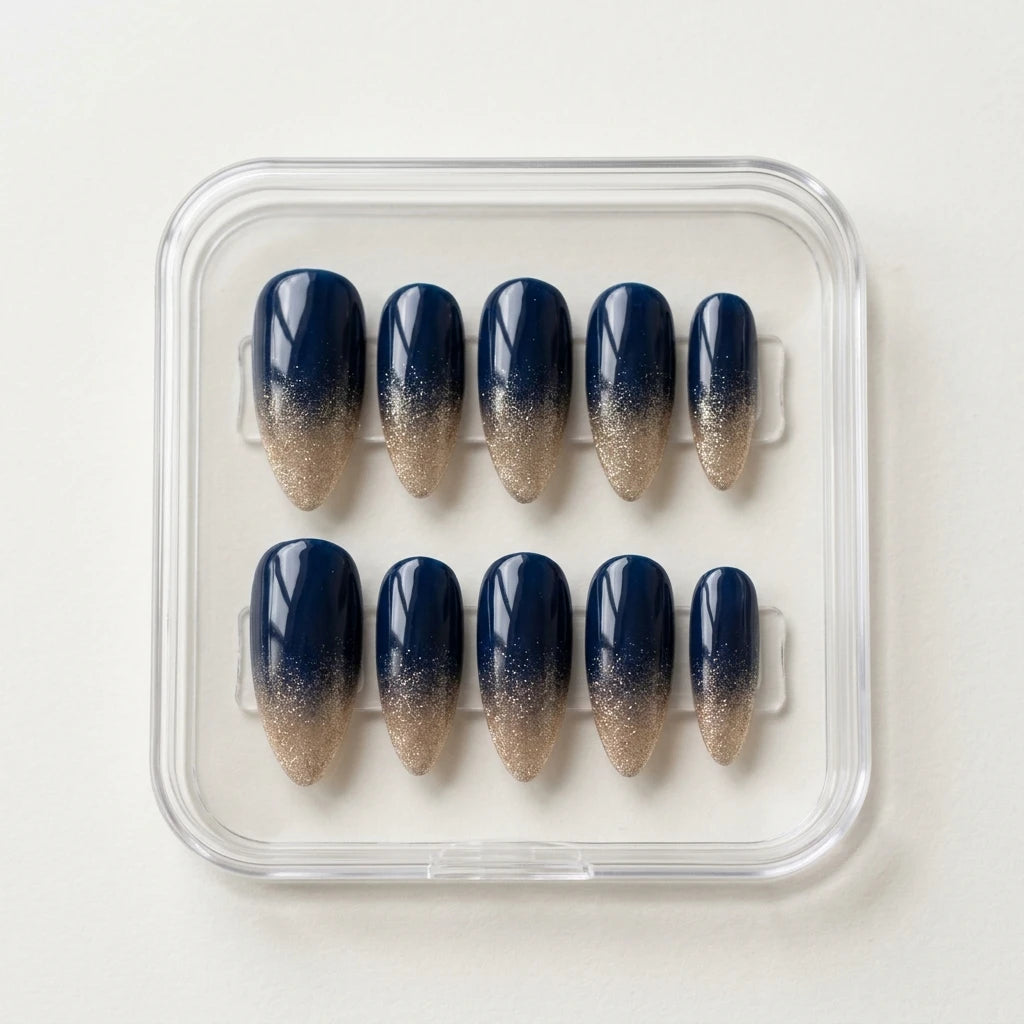 navy blue gold glitter ombre almond press on nails mockup 02