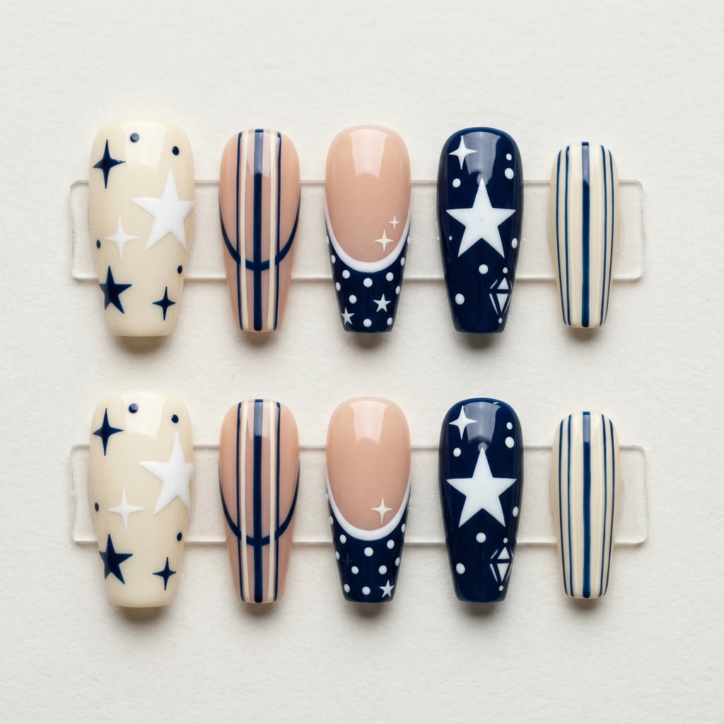 navy blue hand painted 4th of july coffin long press on nails star stripe mockup 01