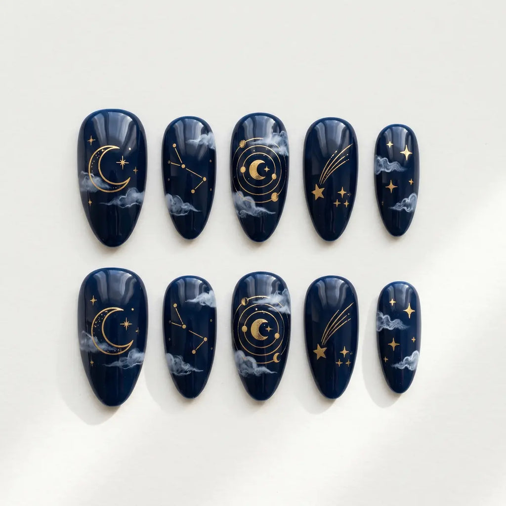 navy blue hand painted almond press on nails gold celestial detail 03