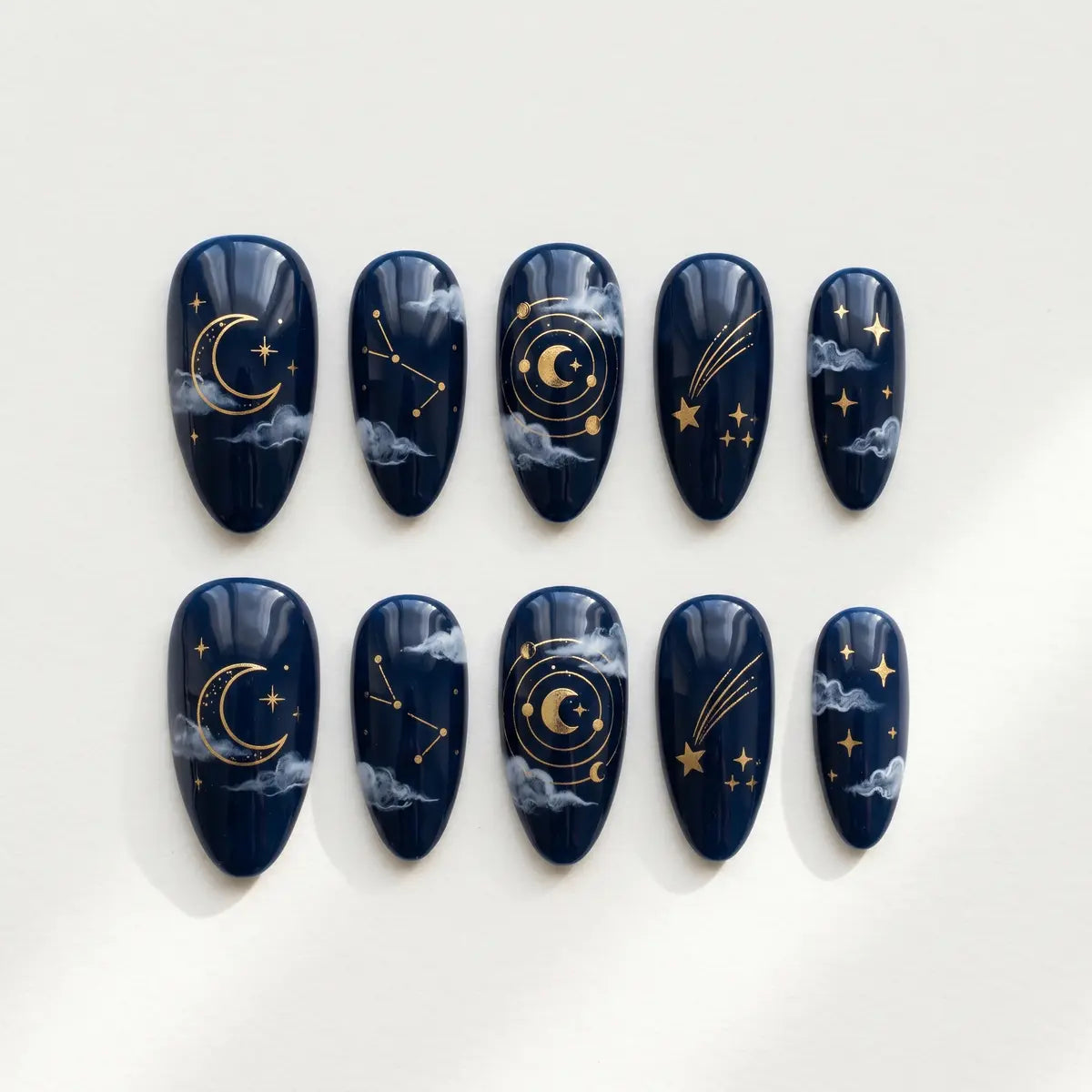navy blue hand painted almond press on nails gold celestial detail 03