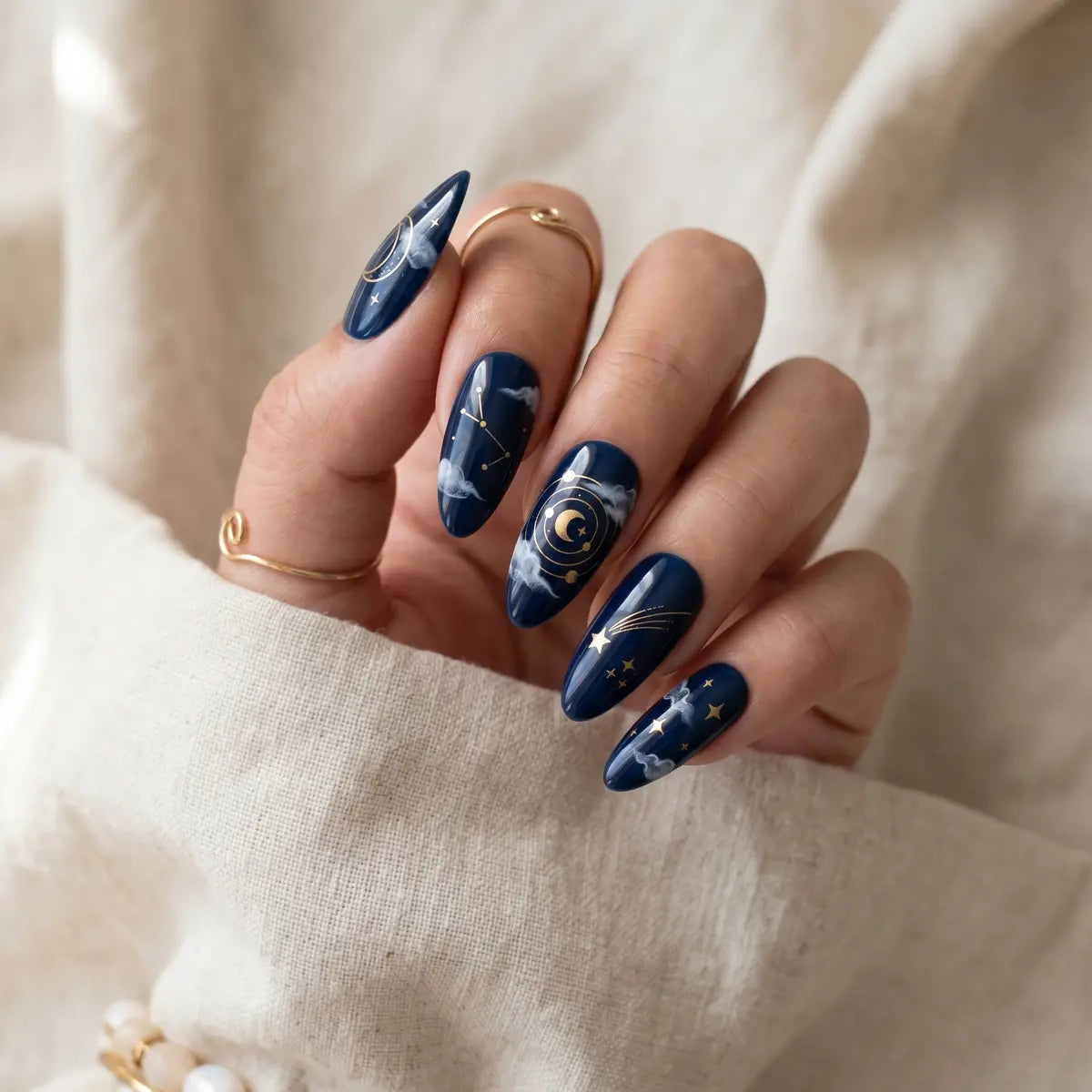 navy blue hand painted almond press on nails gold celestial lifestyle 02