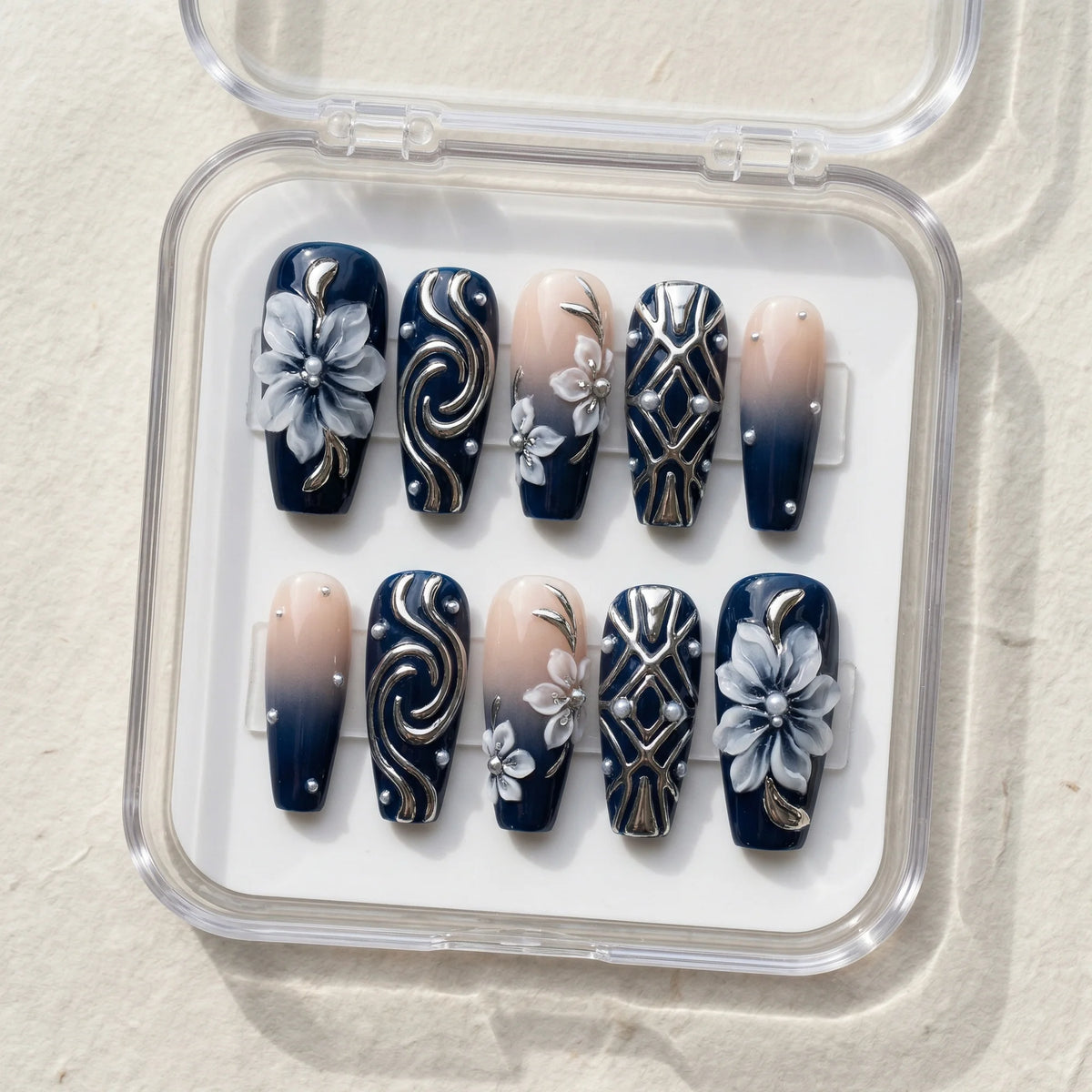navy blue ombre 3d coffin medium press on nails blooming flower box 01