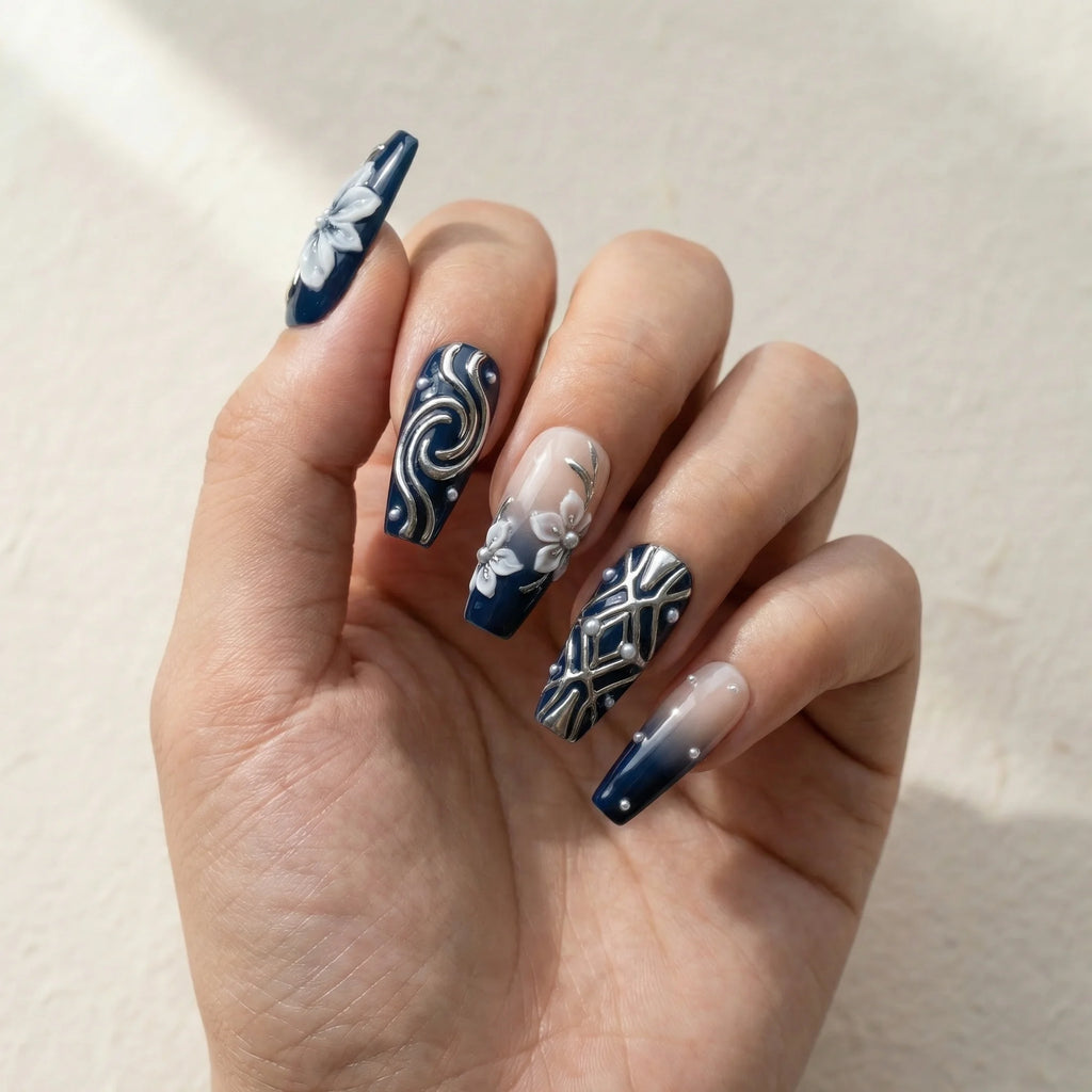 navy blue ombre 3d coffin medium press on nails blooming flower lifestyle 02