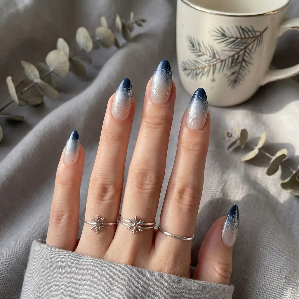 navy blue white ombre almond press on nails silver snowflake detail 03