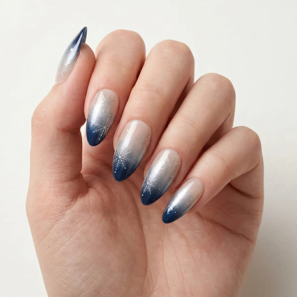 navy blue white ombre almond press on nails silver snowflake lifestyle 02