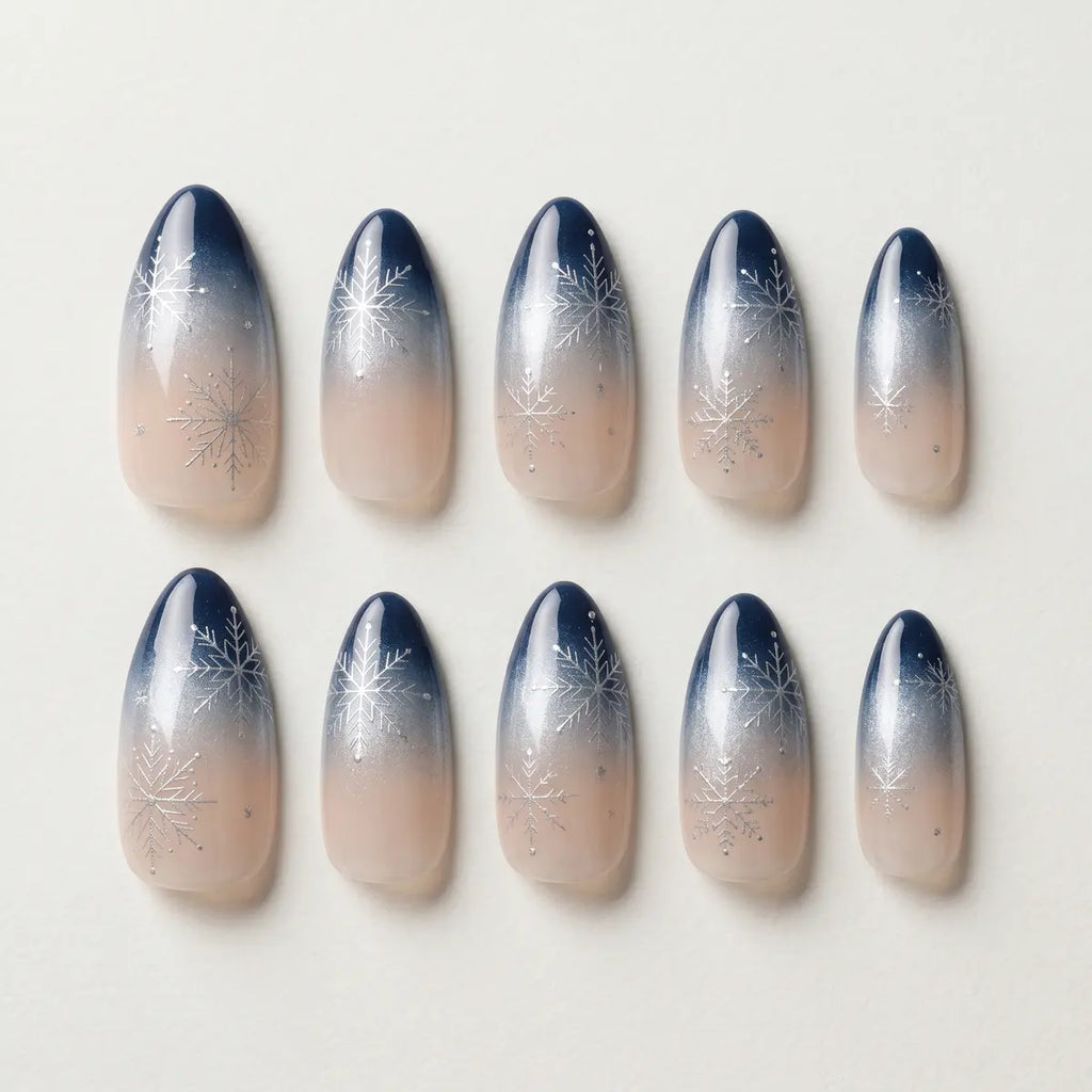 navy blue white ombre almond press on nails silver snowflake mockup 05