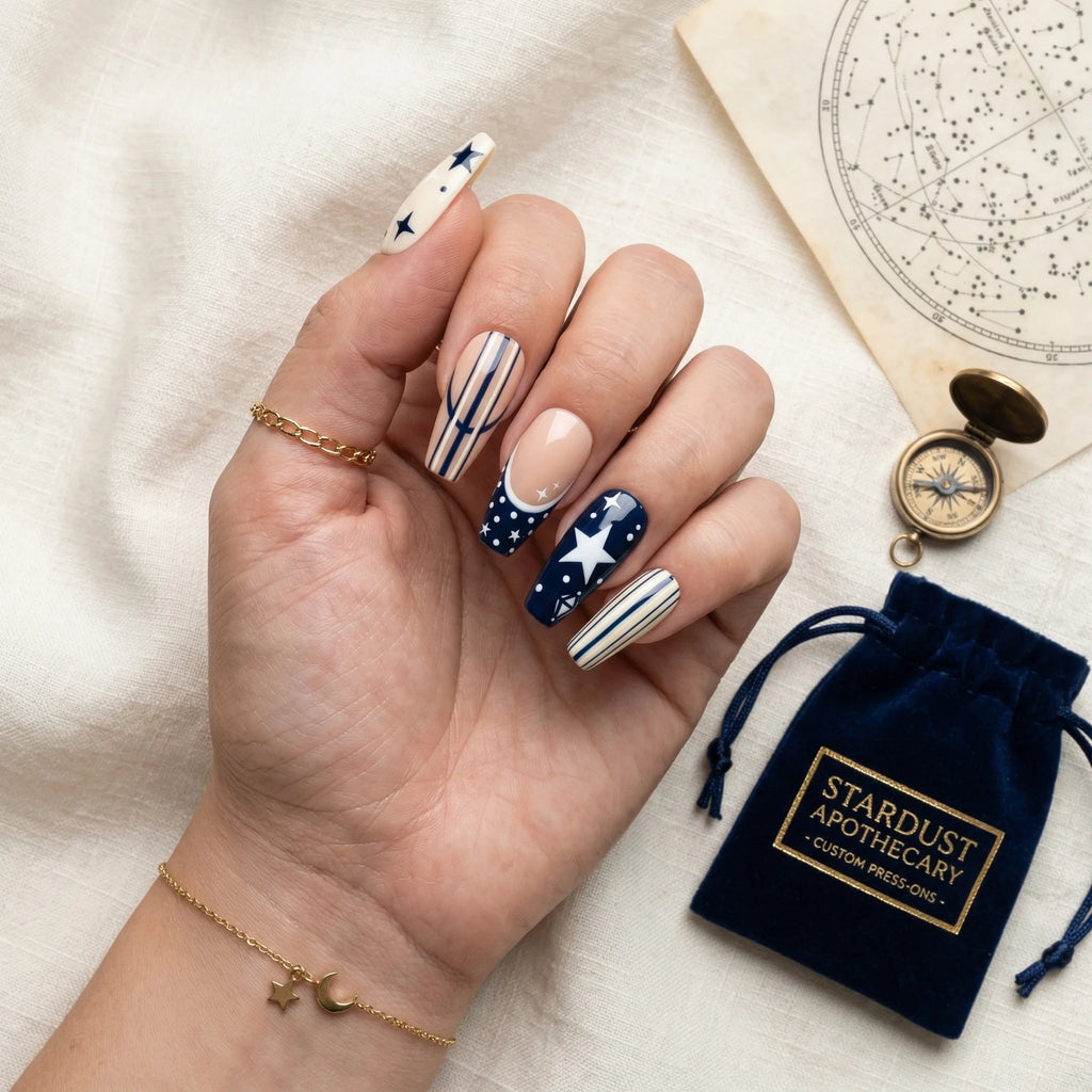 navy blue white star stripe coffin long press on nails mockup 02