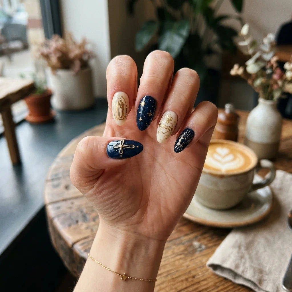 navy cream gold 3d easter almond press on nails cross heart star detail 01