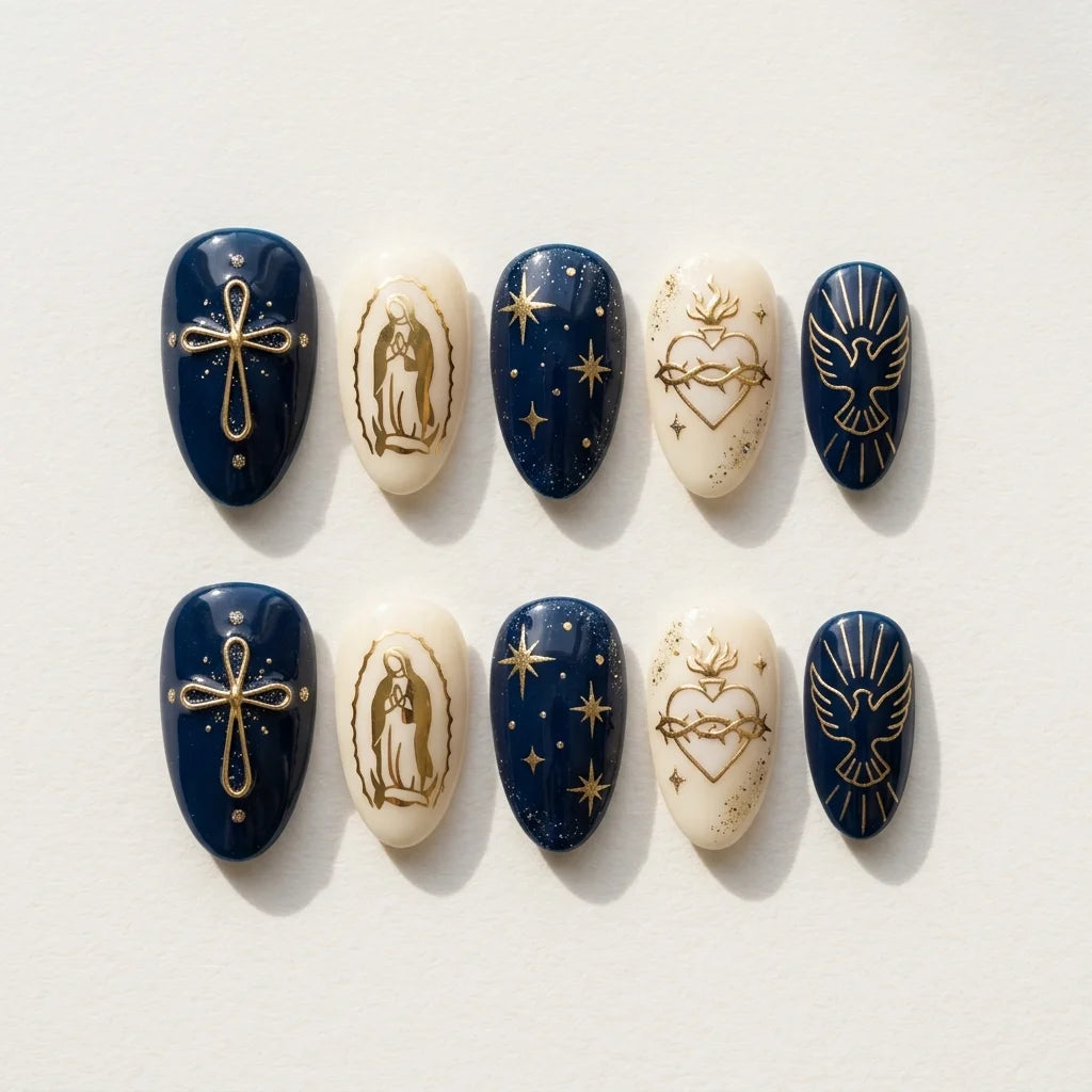 navy cream gold 3d easter almond press on nails cross heart star flat lay 01