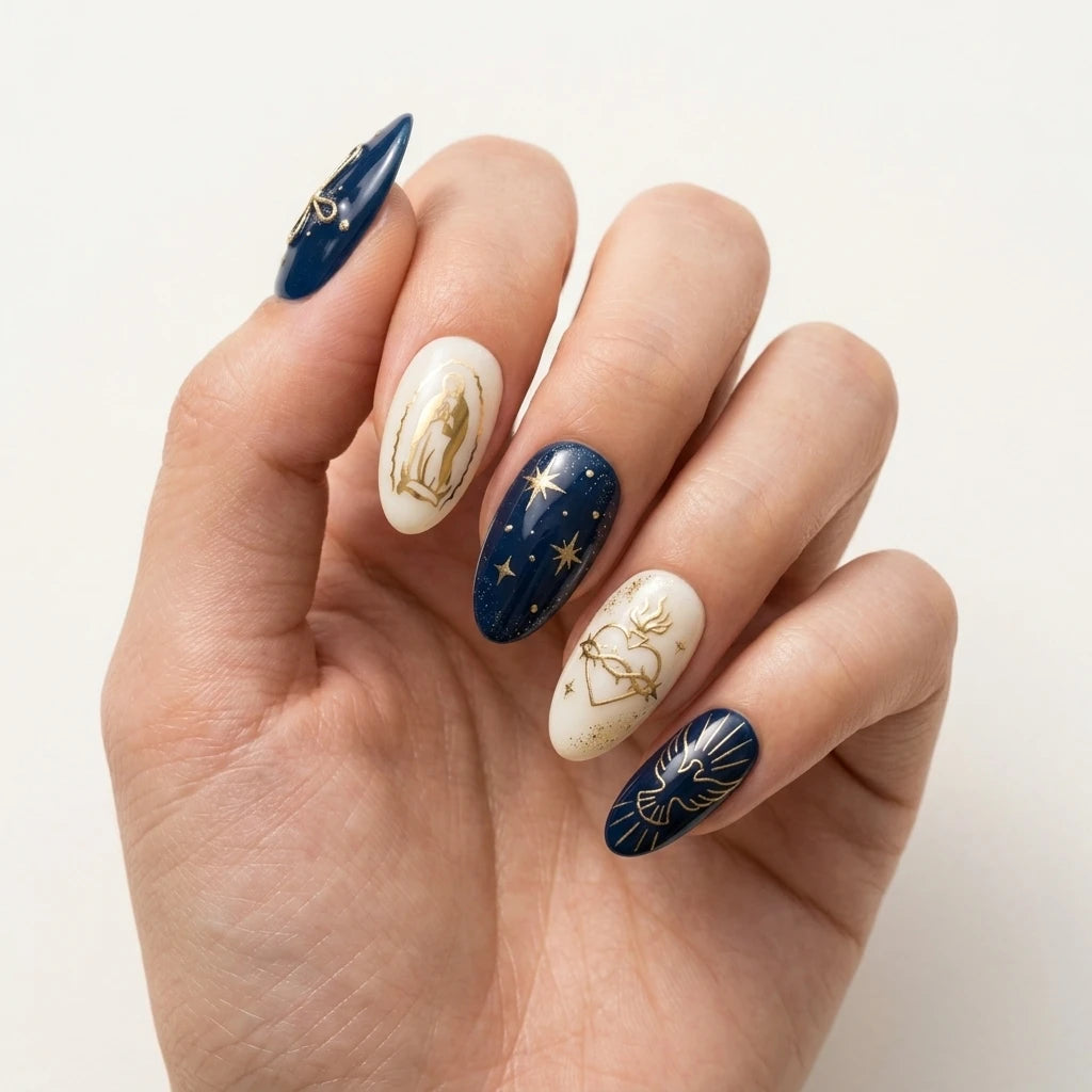 navy cream gold 3d easter almond press on nails cross heart star lifestyle 01
