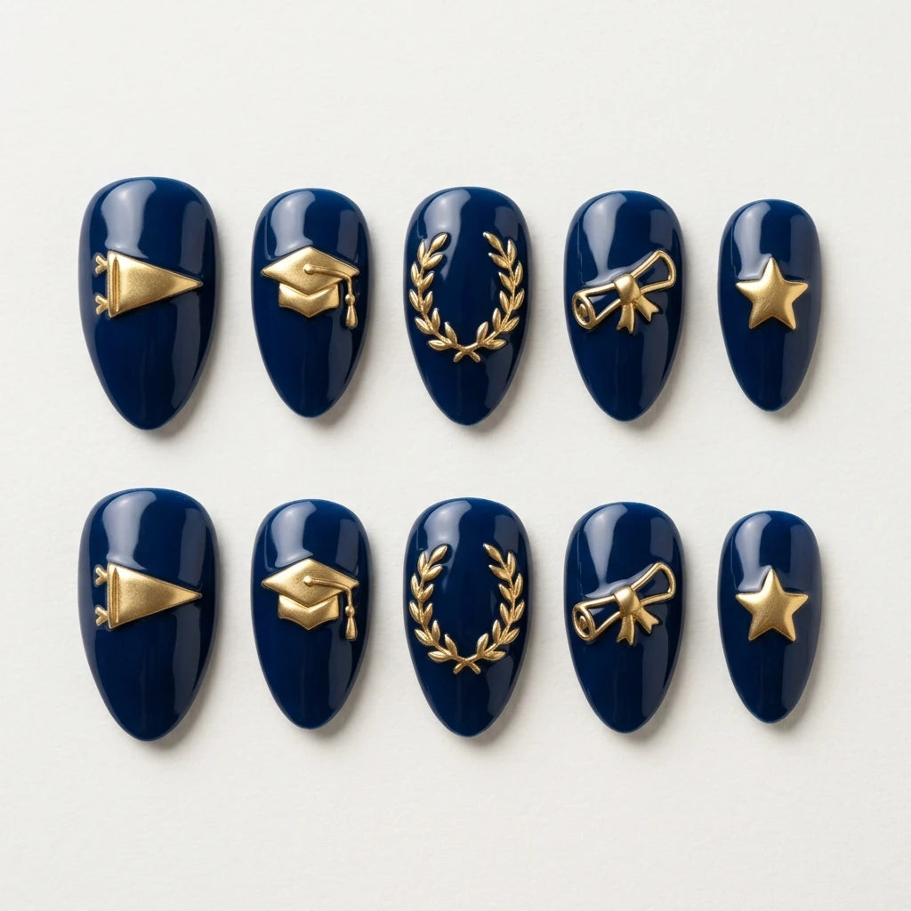 navy gold 3d almond press on nails school cap diploma wreath flat lay 01