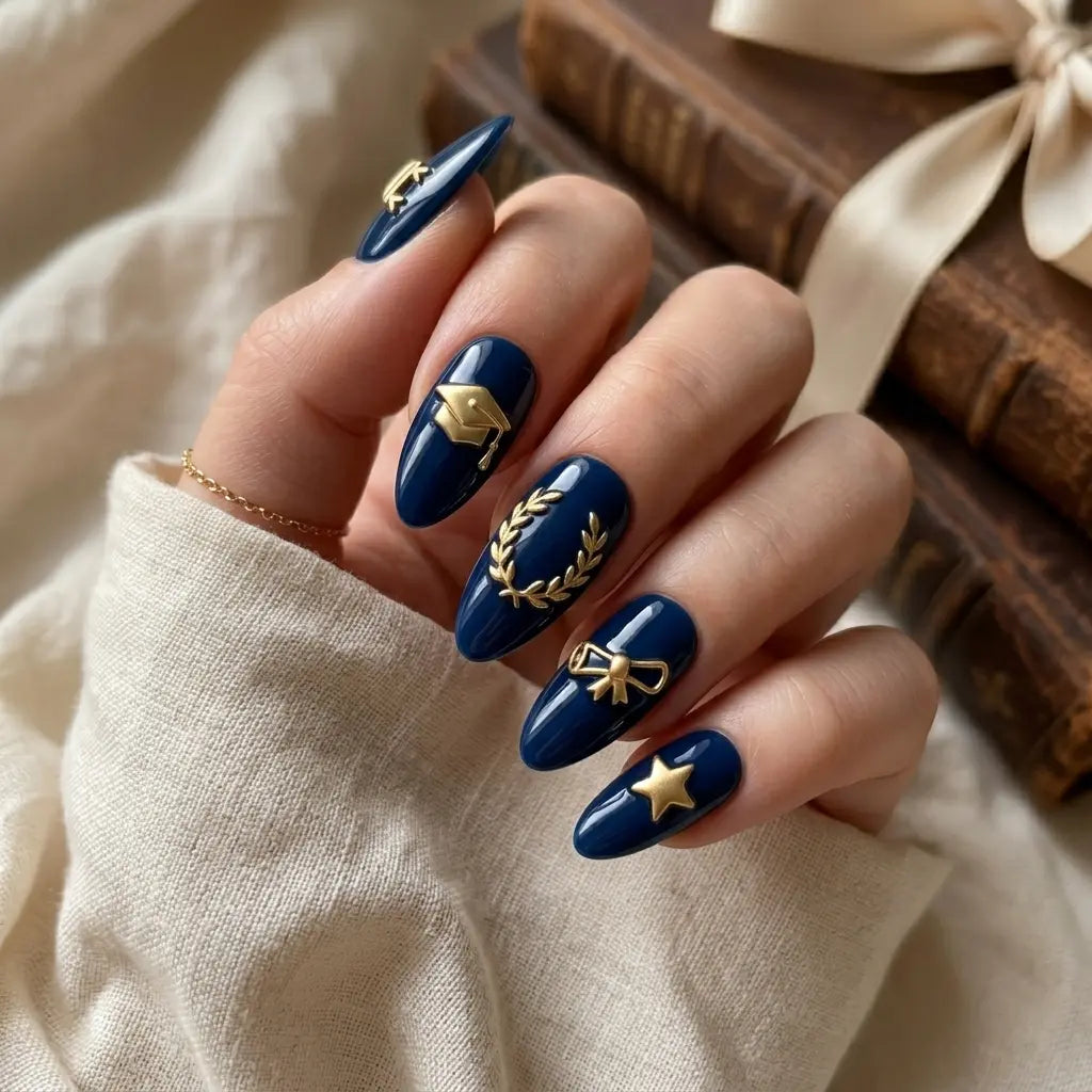 navy gold 3d almond press on nails school cap diploma wreath lifestyle 01