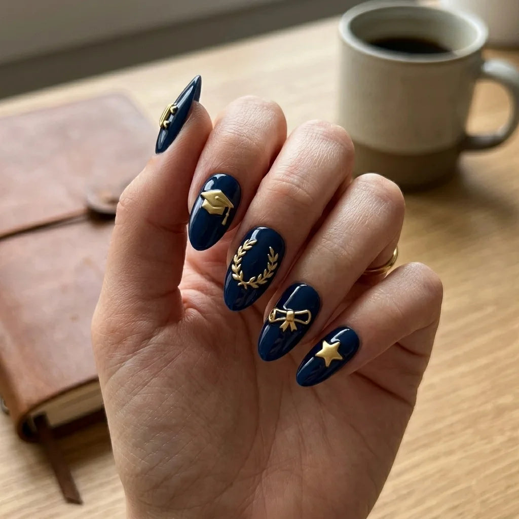 navy gold 3d almond press on nails school cap diploma wreath lifestyle 02