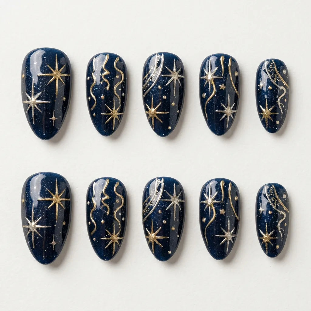 navy gold cat eye almond press on nails star galaxy sparkle flat lay 01