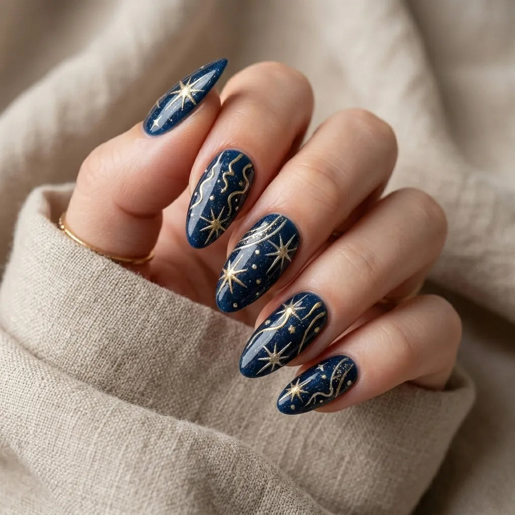 navy gold cat eye almond press on nails star galaxy sparkle lifestyle 01