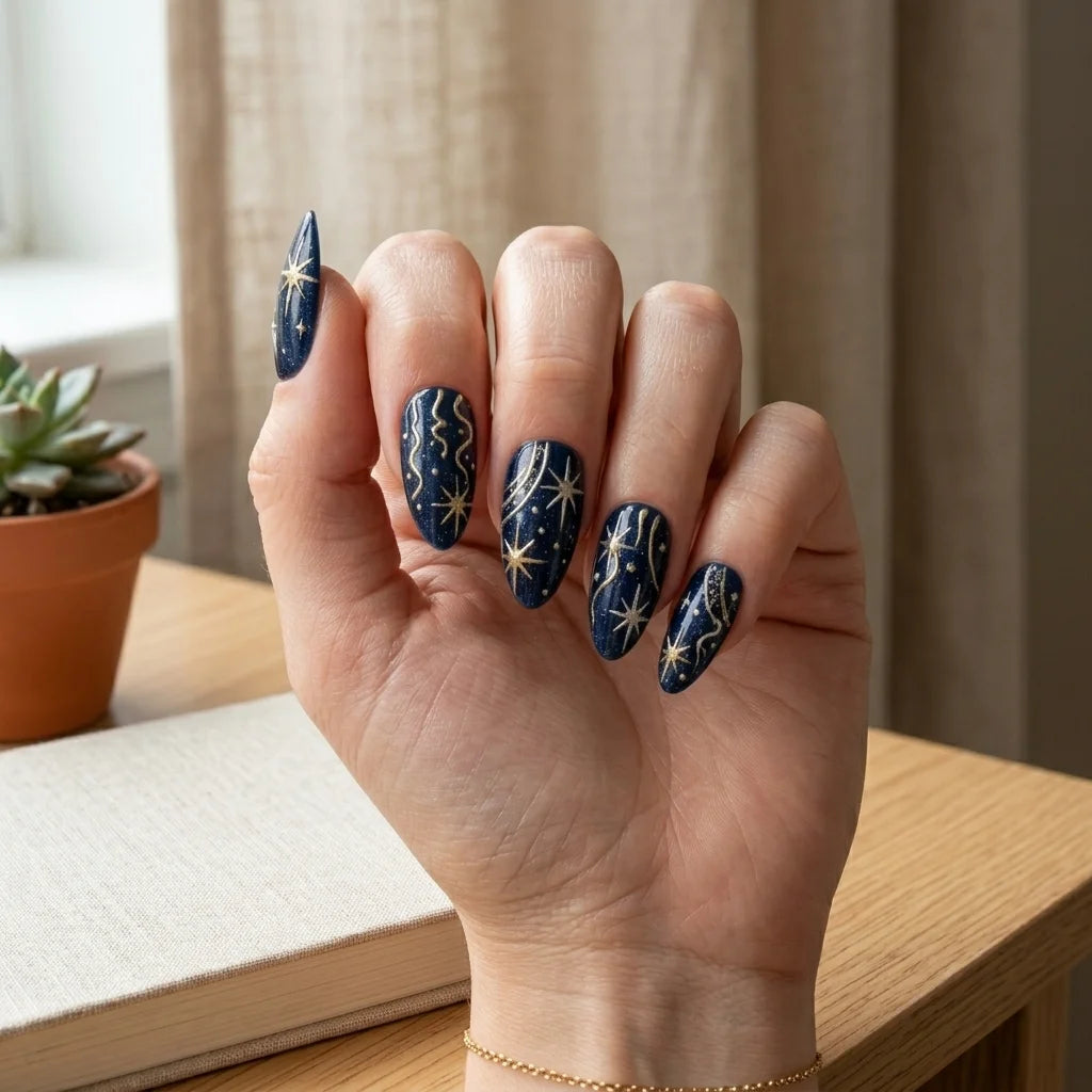 navy gold cat eye almond press on nails star galaxy sparkle lifestyle 02
