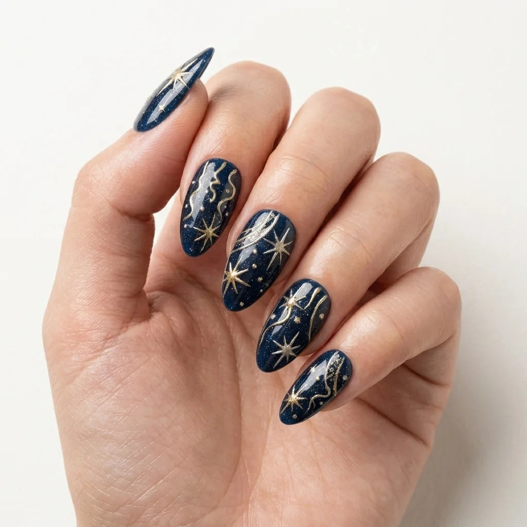 navy gold cat eye almond press on nails star galaxy sparkle mockup 01