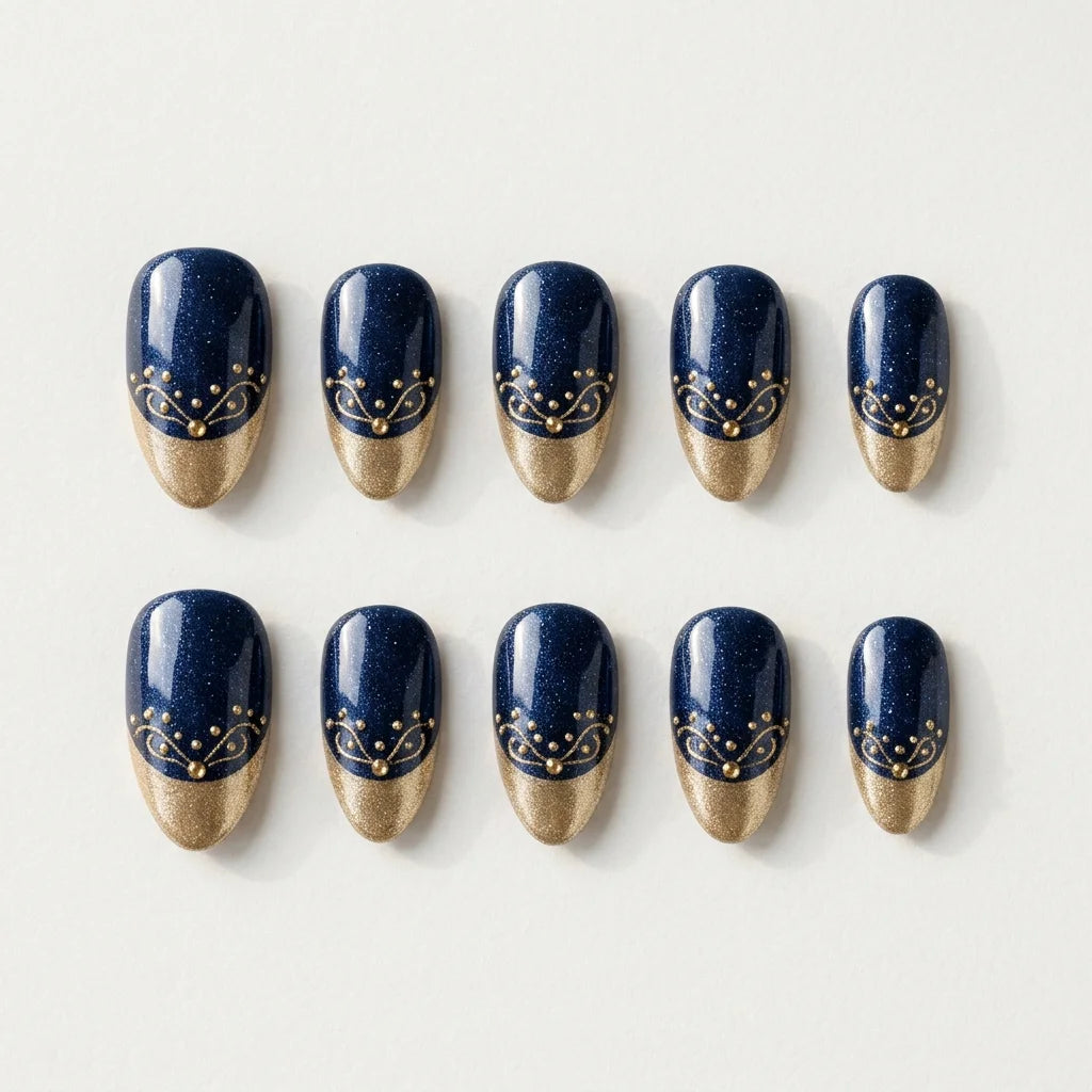 navy gold cat eye french tip almond press on nails gold line dot flat lay 01