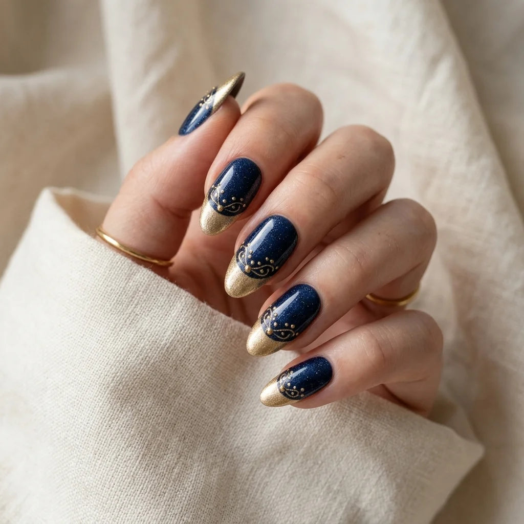 navy gold cat eye french tip almond press on nails gold line dot lifestyle 01