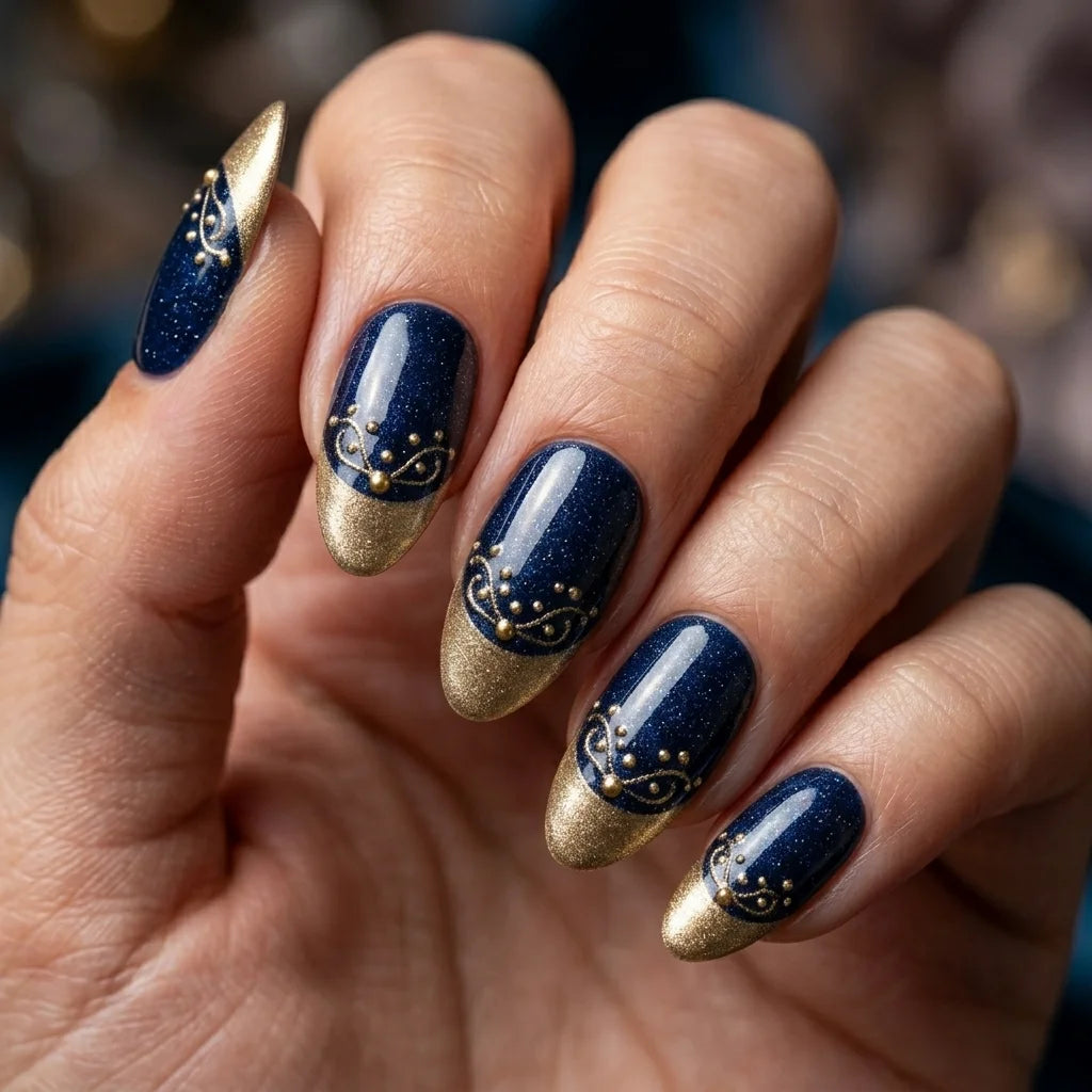 navy gold cat eye french tip almond press on nails gold line dot lifestyle 02