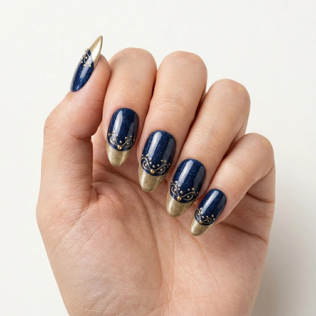 navy gold cat eye french tip almond press on nails gold line dot mockup 01