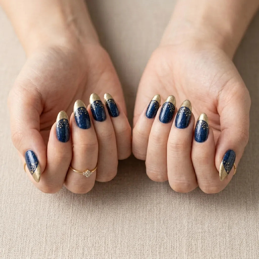 navy gold cat eye french tip almond press on nails gold line dot mockup 02