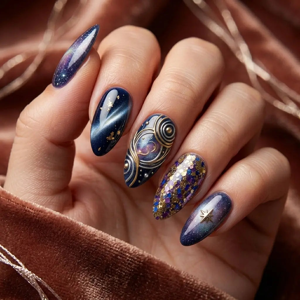 navy gold purple 3d cat eye almond press on nails galaxy star swirl detail 01