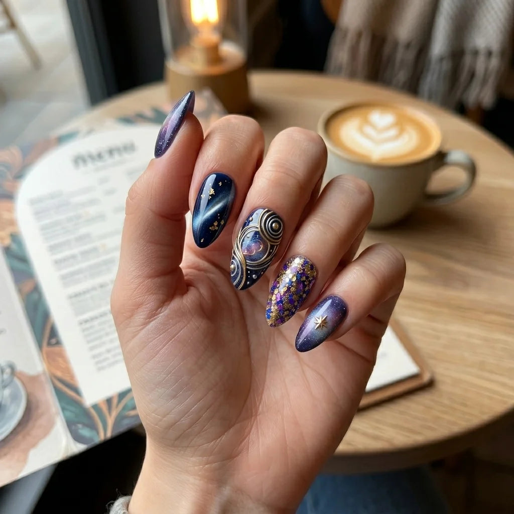 navy gold purple 3d cat eye almond press on nails galaxy star swirl flat lay 01