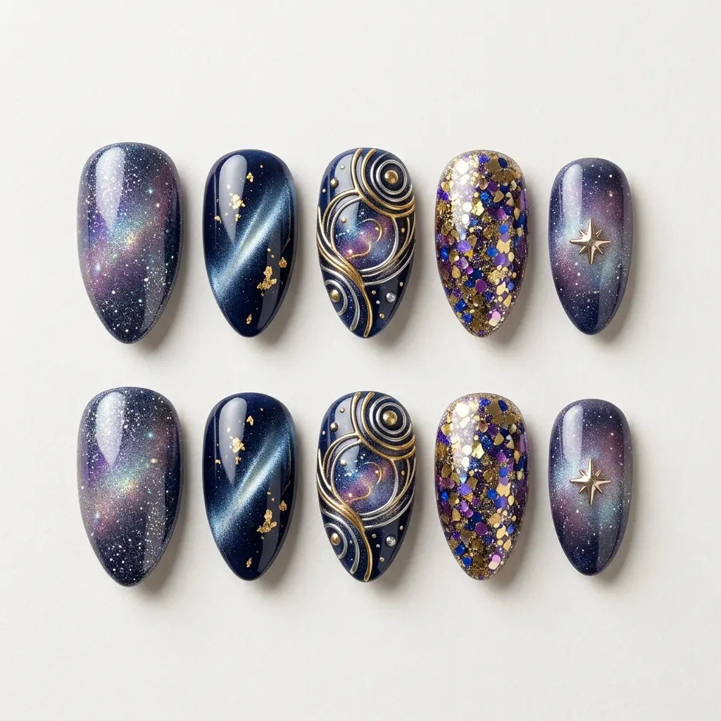 navy gold purple 3d cat eye almond press on nails galaxy star swirl lifestyle 01