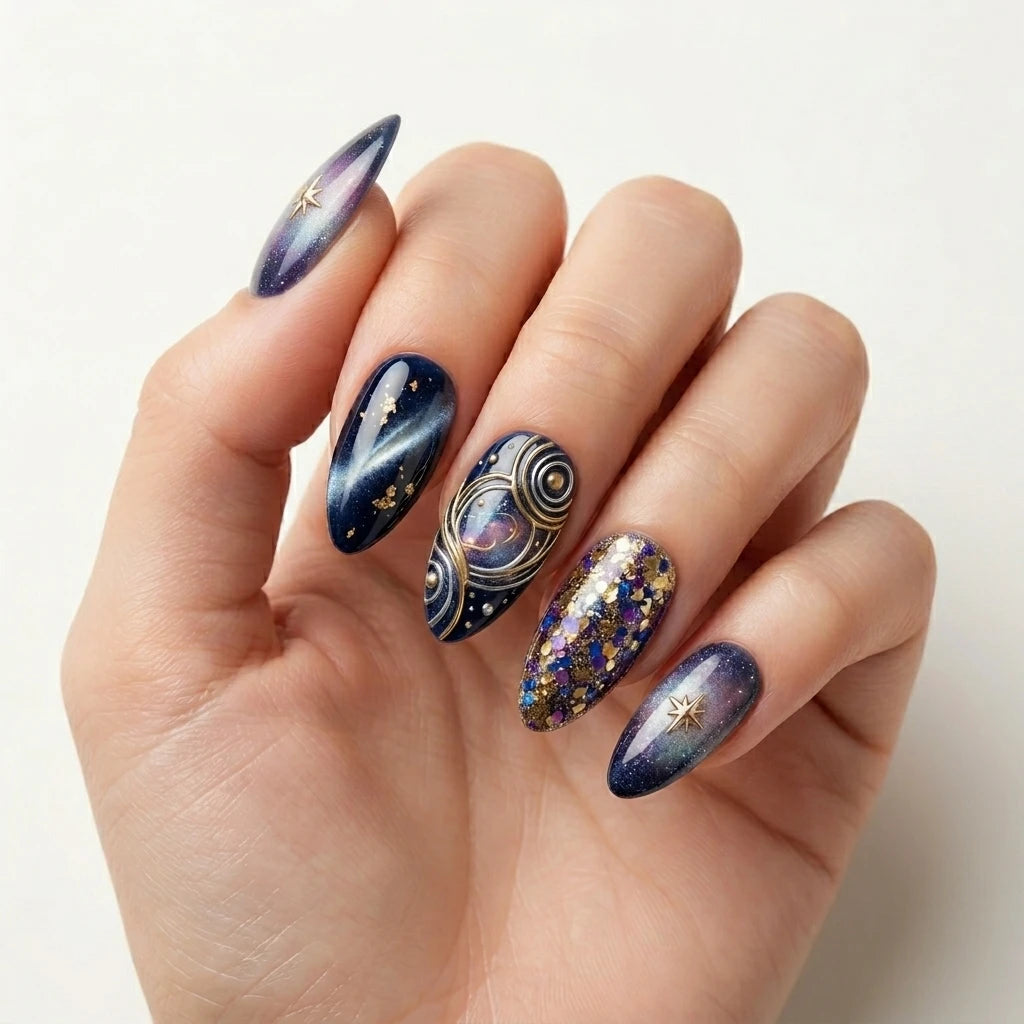 navy gold purple 3d cat eye almond press on nails galaxy star swirl mockup 01