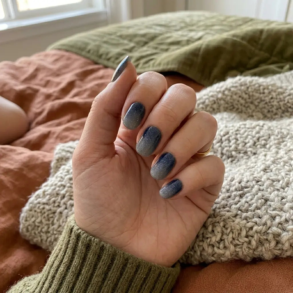navy grey ombre glitter oval press on nails starry galaxy flat lay 05