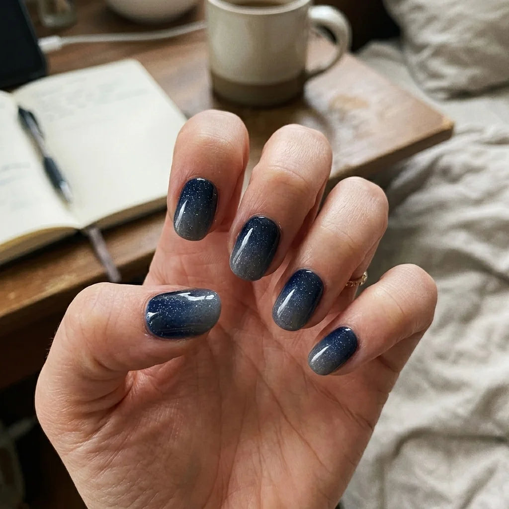 navy grey ombre glitter oval press on nails starry galaxy lifestyle 04