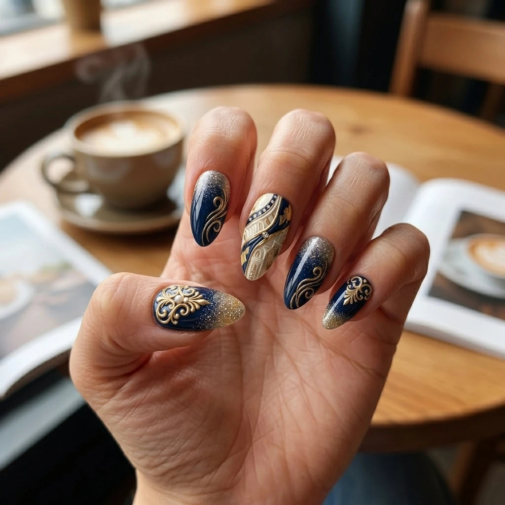 navy ivory gold 3d ombre almond press on nails swirl pearl gemstone glitter detail 04