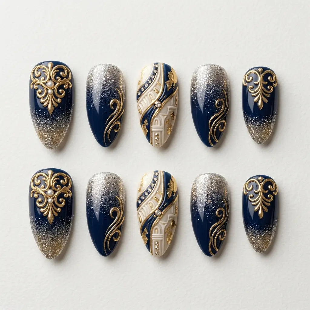 navy ivory gold 3d ombre almond press on nails swirl pearl gemstone glitter detail 05