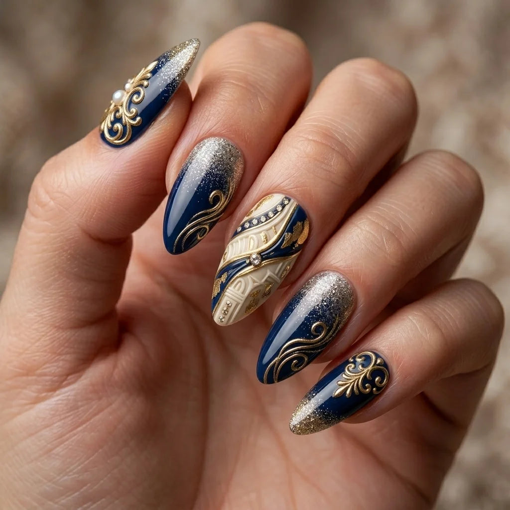 navy ivory gold 3d ombre almond press on nails swirl pearl gemstone glitter lifestyle 03
