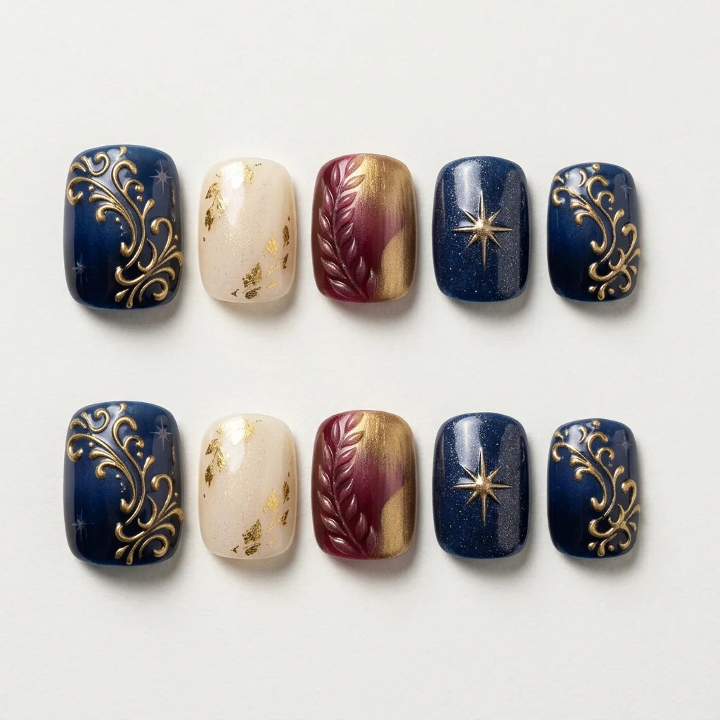 navy ivory red 3d hand painted square press on nails star swirl wreath detail 04
